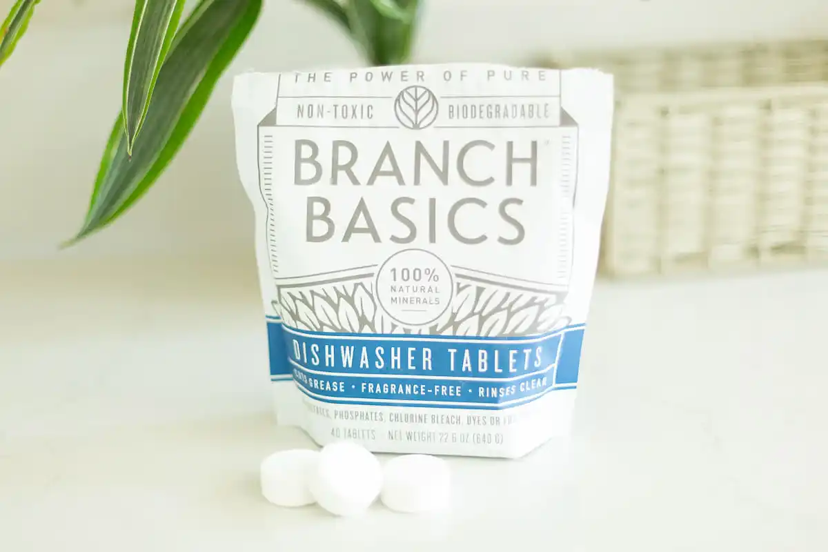 Three Branch Basics dishwasher tablets setting in front of the bag