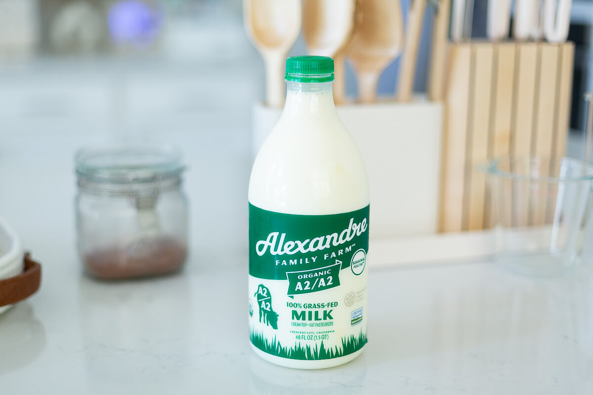 Front view of Alexandre Family Farm milk bottle with soft natural light. (Photo Credit: Vivian Keithley)
