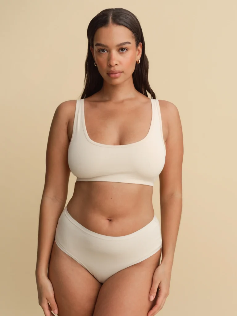 A woman models an ivory scoop bra and matching high-rise briefs by MATE the Label, made from organic cotton with 8% spandex for added comfort and stretch. The set features clean lines and a minimalist silhouette, photographed against a neutral beige background. Ethically made and dyed in Los Angeles, the design reflects MATE’s commitment to clean materials, inclusive sizing, and circular fashion. (Photo Credit: MATE the Label)