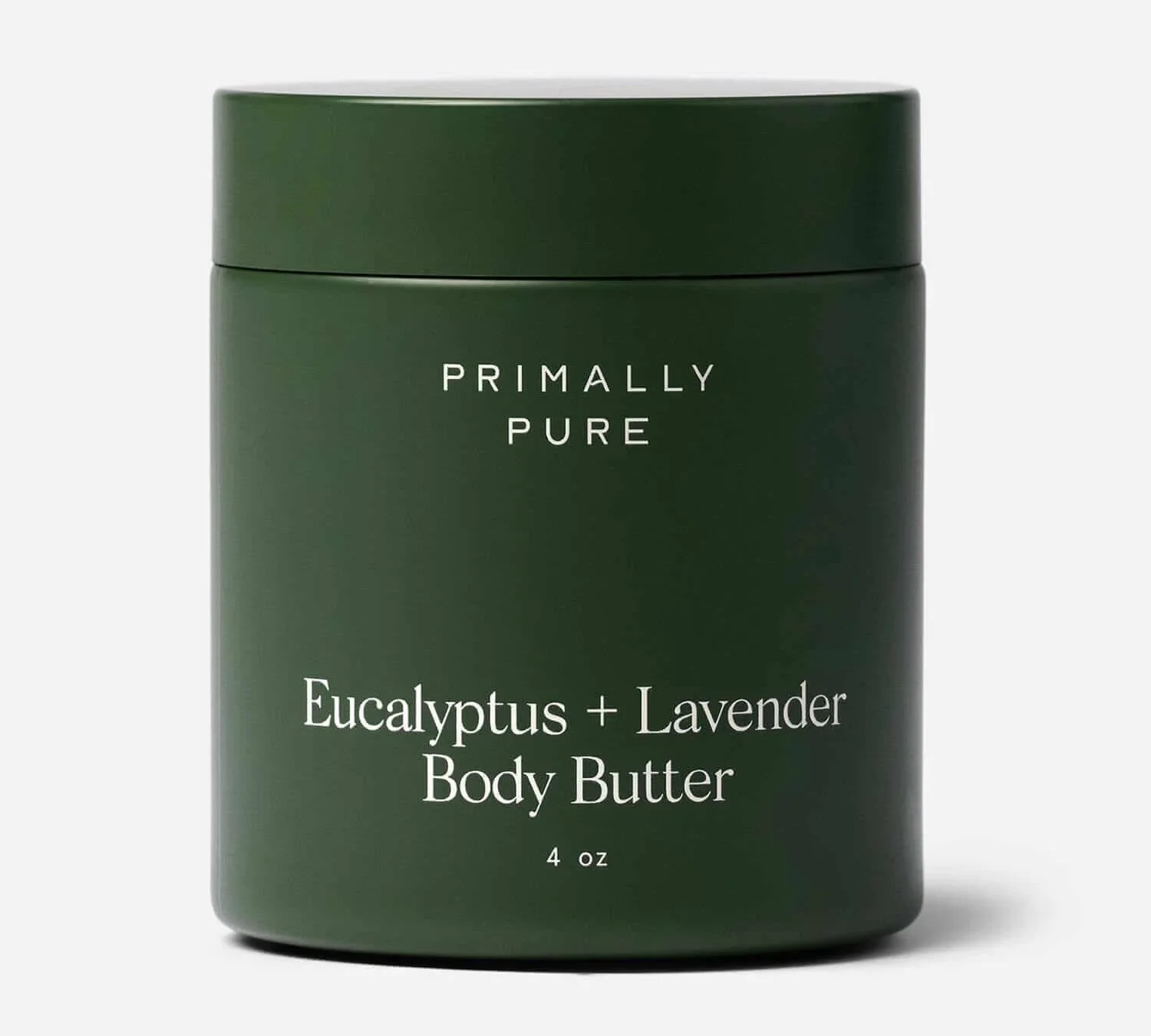Primally Pure eucalyptus and lavender body butter in dark green 4oz jar with elegant white text on light gray background (Photo Credit: Primally Pure)